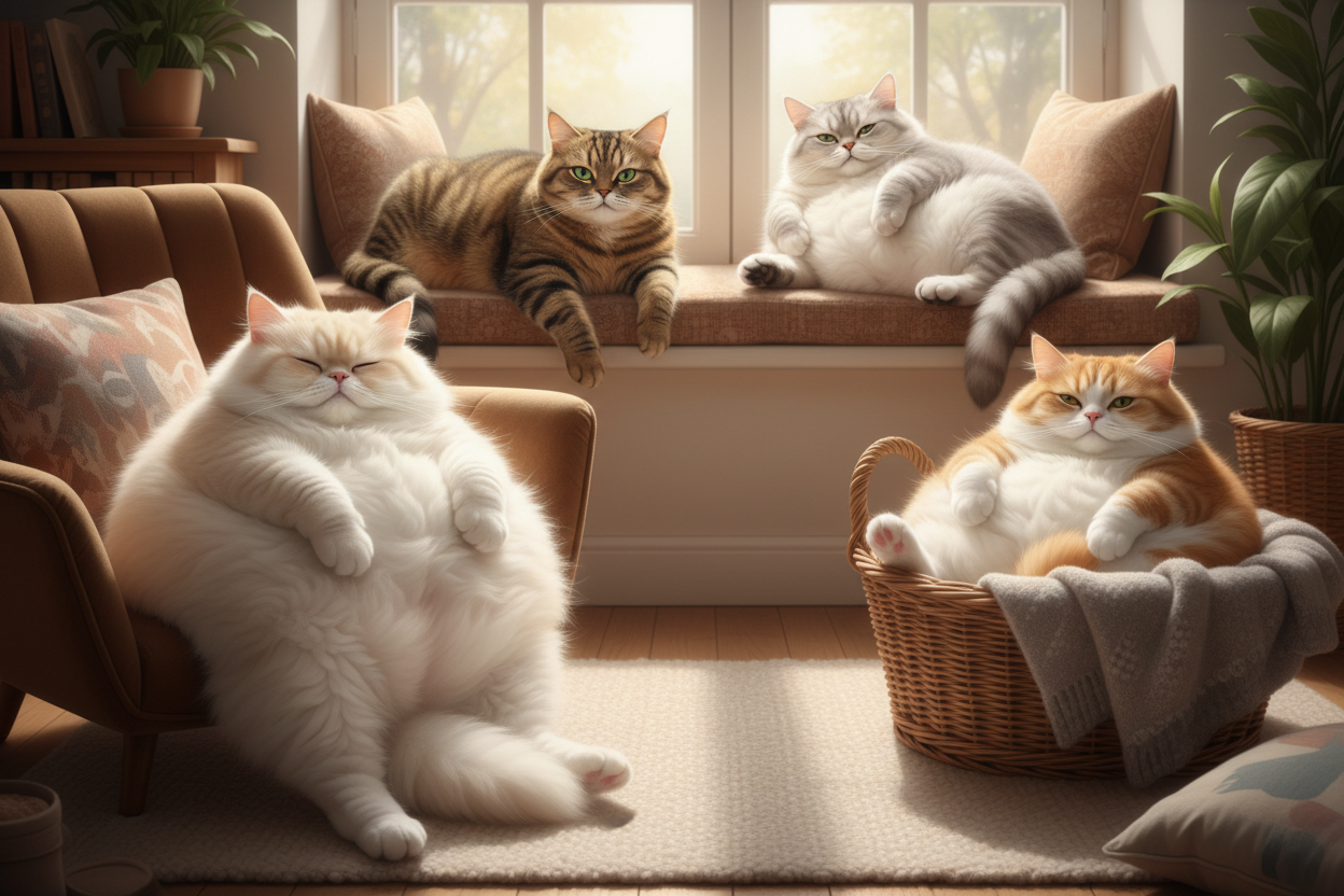 four chonky cats looking adorable